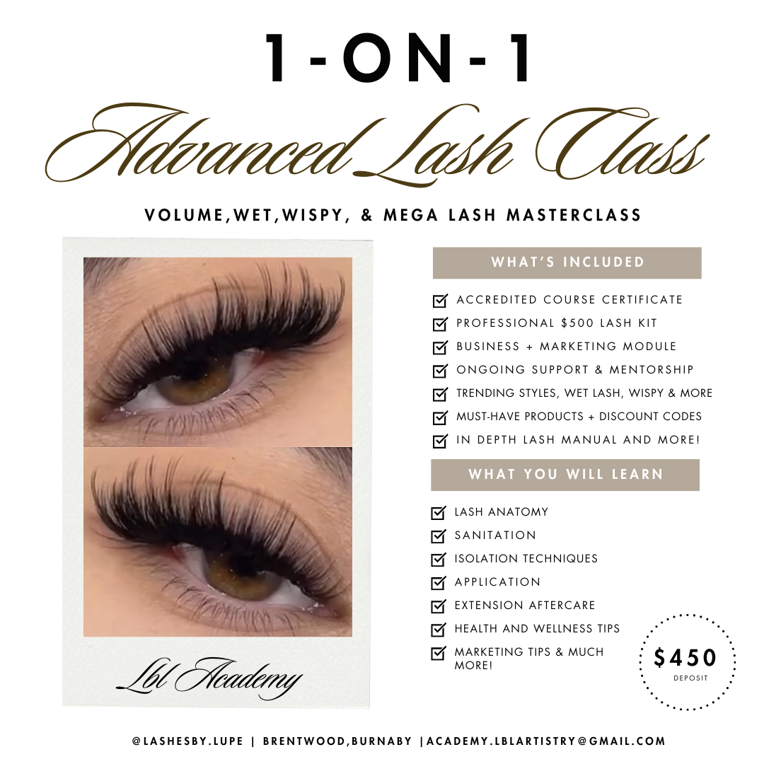 Advertisement for an Advanced Lash Masterclass showing images of eyelashes, course details, and pricing.