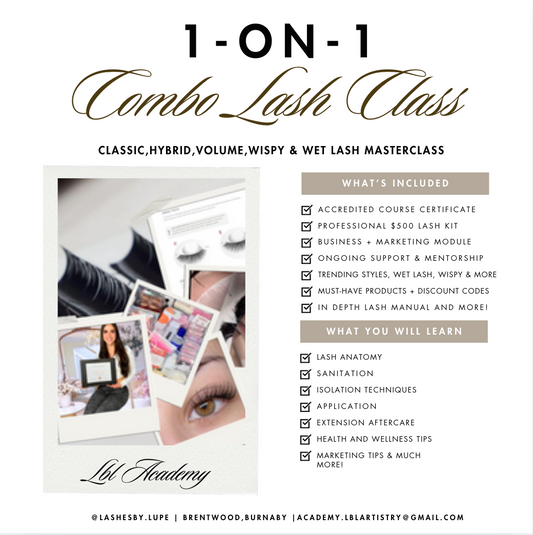 Advertisement for an Advanced Lash Masterclass showing images of eyelashes, course details, and pricing. vancouver lash training course 